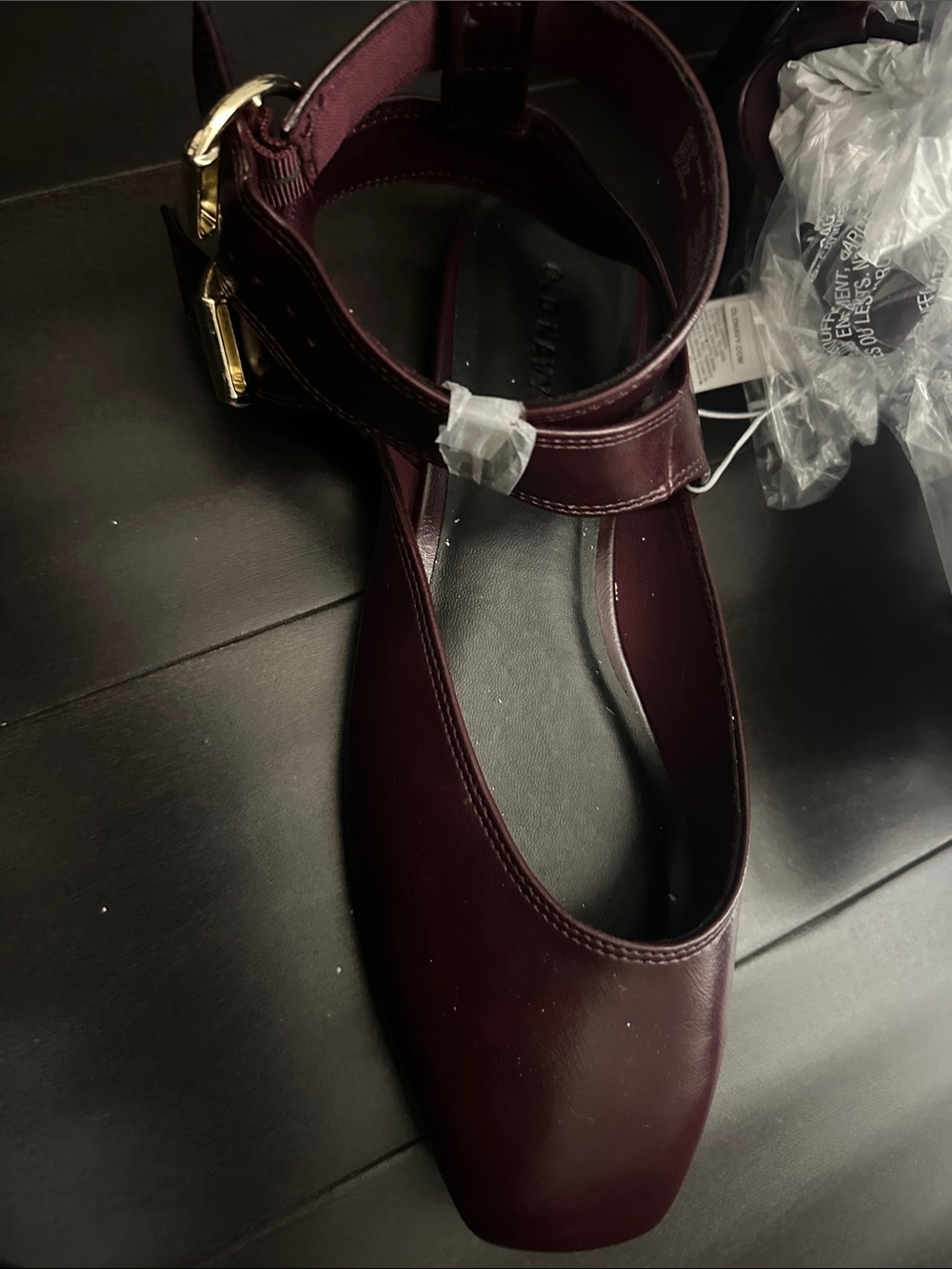 Old Navy Women's Burgundy Ankle-Strap Flat with Gold Buckle
